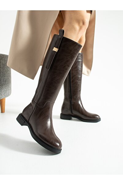 ALEMDAR AYAKKABI Γυναικείες μπότες με λεπτομέρεια με κούμπωμα καφέ SNUG