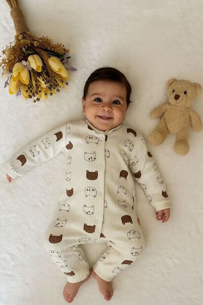 % 100 Pamuk Hayvan Baskılı Uzun Kollu Unisex Bebek Tulumu