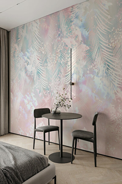 dreamwall Pastel Pembe Mavi Yaprak Bulut Desenli Tekstil Duvar Kağıdı