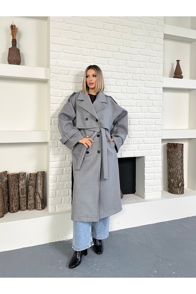 Cistern İstanbul Γυναικείο παλτό μακρύ κασετίνι Premium με γκρι μανίκια και επιλογές στους ώμους