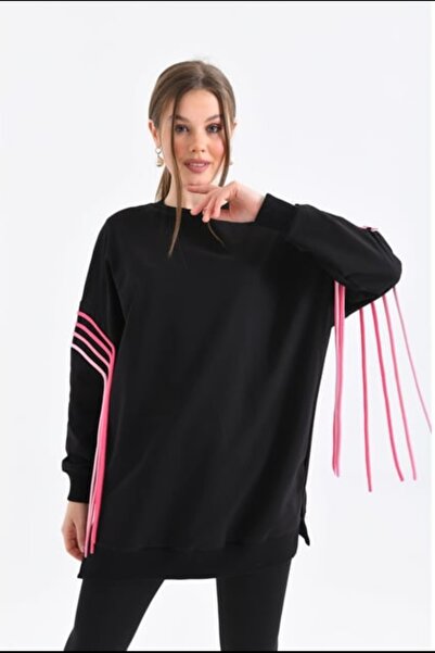 BURKAY Siyah Oversize PREMIUM Sweatshirt – Pembe Şerit Detaylı
