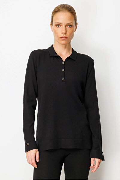 Desen Triko Women's Polo Neck Collar and Buttoned Sleeves Blouse Black