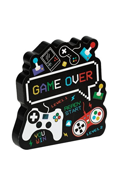SHOPIENS Decoratiune din lemn pentru masa Shopiens®, cu imprimeu 'Game Over', neagra, 15 x 1.8 x 15 cm