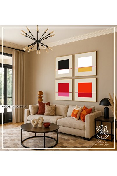 Tablomtr Modern Dörtlü- Dijital Baskılı Gold Metal Çerçeveli Gerçek Camlı 4'lü Dekoratif Tablo