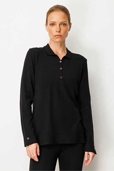 Desen Triko Women's Polo Neck Collar and Buttoned Sleeves Blouse Black