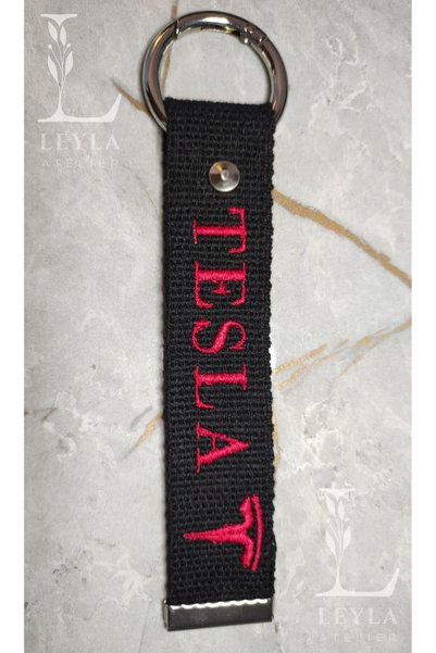 LEYLA ATELIER Metal Detailed Embroidered Car Keychain - Long Lasting, Stylish and Durable - Tesla