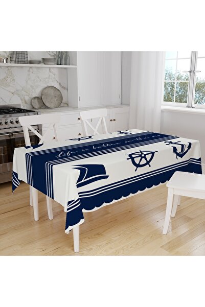 Else Dekor Blue Sailor Sailing Patterned Digital Print Suede Fabric Kitchen Tablecloth