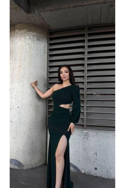 Modafeminen Flowers Esnek Kumaş Tek Omuzlu Pile Detaylı Abiye Elbise 583268 ZÜMRÜT