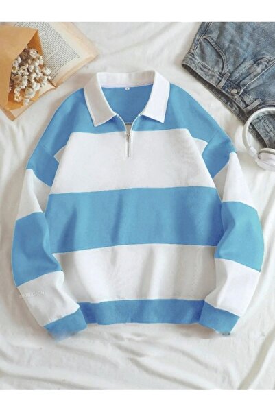 Parçalı Renk Yarım Fermuarlı Polo Yaka Sweatshirt Içi Polarlı Unisex Akmayan Kumaş