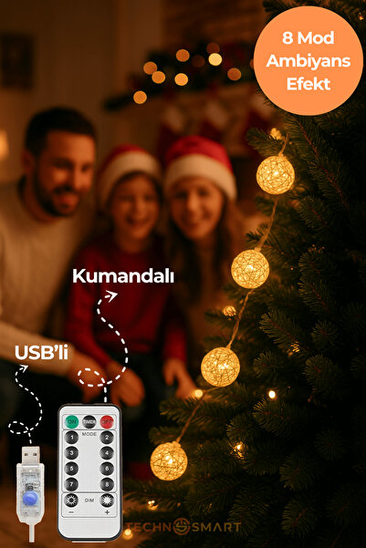 TechnoSmart 20 Ledli Rattan Top Şerit Led Işık – USB’li ve Kumandalı, 4m, 8 Mod Dekoratif Aydınlatma