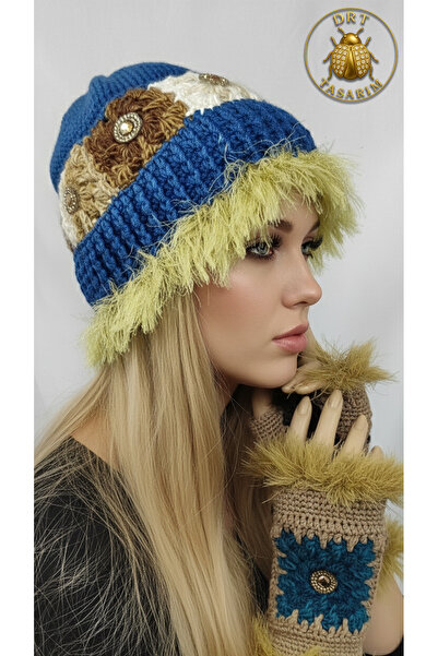 drt tasarım Blue Yellow Beret with Fur Detail and Fingerless Gloves