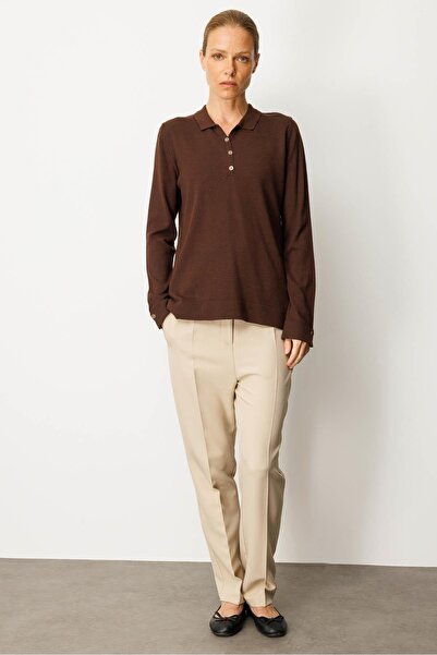 Desen Triko Women's Polo Neck Blouse with Buttoned Sleeves M.Brown