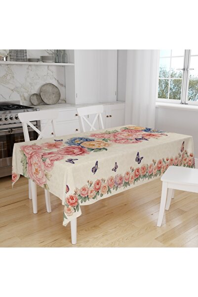 Else Dekor Colorful Roses Patterned Digital Printing Suede Fabric Kitchen Tablecloth
