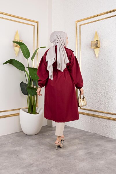 exxitcollection Kadın Trençkot Bondit Kumaş Yakalı Bağlamalı Şık Rahat Su Geçirmez