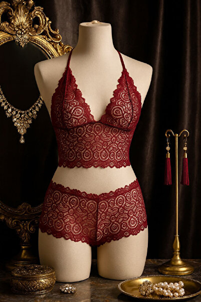 içgiyimist Bordo Fantezi Seksi Transparan Dantel Bralet Sütyen Takımı IM-12158