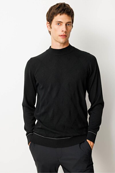 Desen Triko Чоловічий светр з напіврибальським коміром, смугастий, з баклава, вовняний, чорний