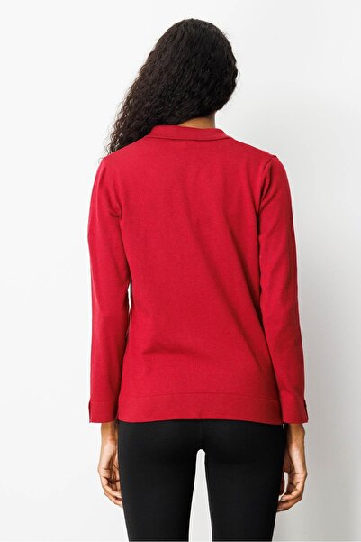 Desen Triko Kadın Polo Yaka Yakası ve Kolu Düğmeli Bluz Vişne