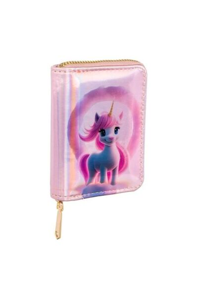 SHOPIENS Portofel Roz Holografic cu Model Unicorn, 4 Compartimente si Fermoar pentru Monede