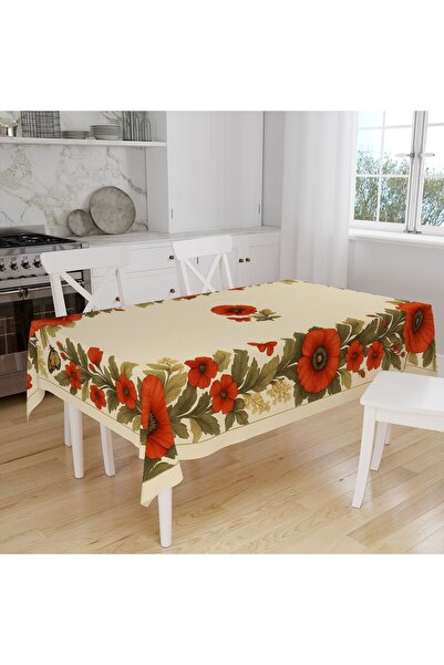 Else Dekor Red Floral Vintage Patterned Digital Print Suede Fabric Kitchen Tablecloth