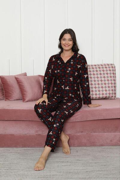 PİJAMUS Kadın Kırmızı-Lacivert Ekoseli Küçük Ayıcık Uzun Kollu Biyeli Düğmeli Pijama Takım
