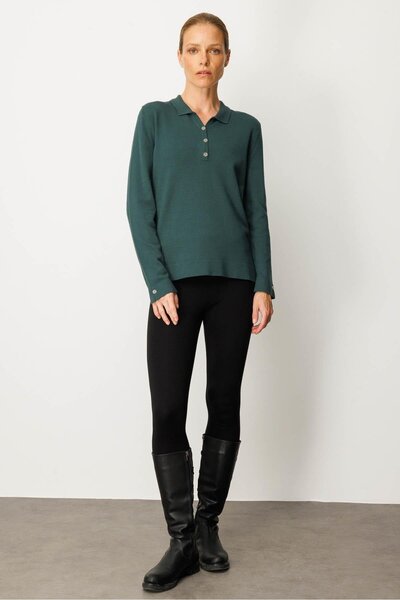 Desen Triko Women's Polo Neck Collar and Buttoned Sleeves Blouse Green