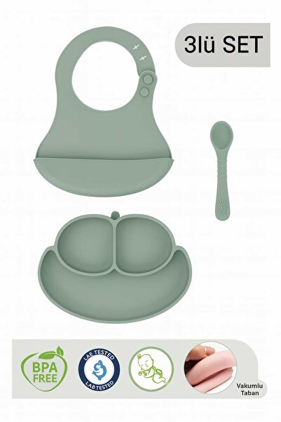 CKM silikon Mit Yeşili Silikon 3lü Bebek Beslenme Seti- Vakumlu Tabak Önlük V...