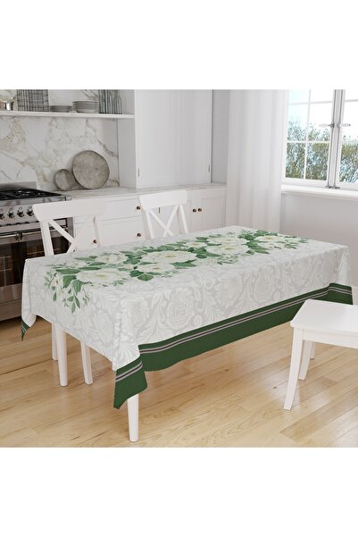 Else Dekor Față de masă de bucătărie din țesătură din piele de căprioară cu imprimare digitală cu modele florale de trandafiri albi, verde retro