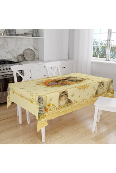 Else Dekor Cute Cats Patterned Digital Print Suede Fabric Kitchen Tablecloth