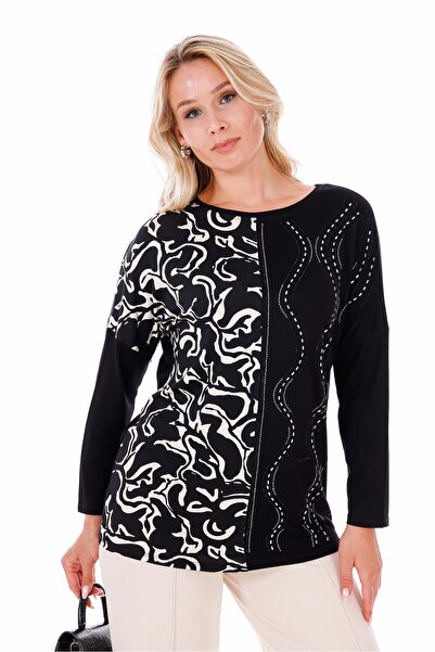 Siyezen Büyük Beden Parlak Taş Detaylı Pamuklu Likralı Bluz