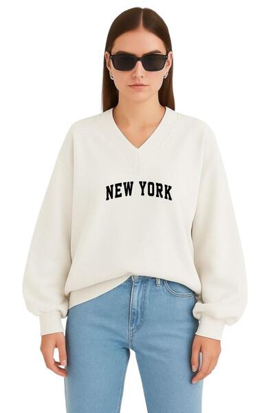 BENROMA SWEATSHIRT UNISEX CU DECUPAJ ÎN V IMPRIMAT NEW YORK
