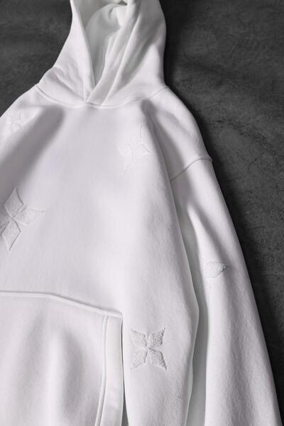 Slatra Erkek Beyaz Tona Ton Nakışlı Oversize Kapüşonlu Sweatshirt