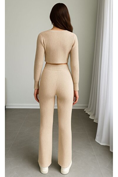 trendgar Γυναικείο μπεζ κοτλέ πλεκτό ύφασμα με λαιμόκοψη σε σχήμα V με κουμπιά Crop φούτερ Φαρδιά εφαρμογή Άνετο σετ αθλητικών φορεμάτων