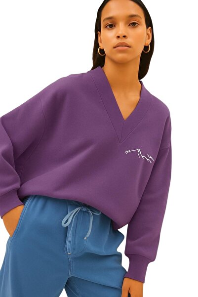 BENROMA SWEATSHIRT UNISEX CU DECOLTEU IN V CU IMPRIMARE MUNTE