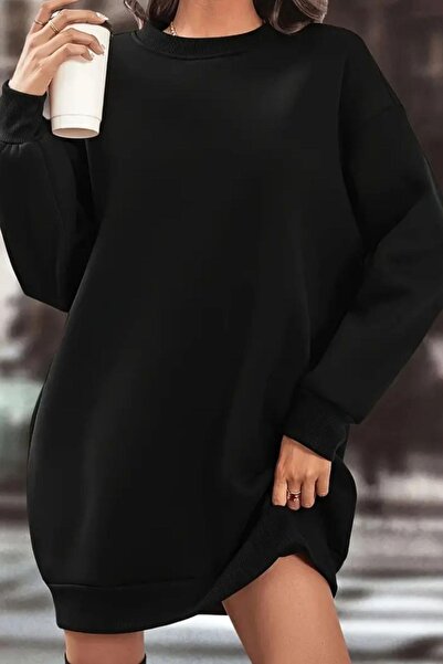 Mossta Bisiklet Yaka Kısa İki İplik Elbise - Siyah