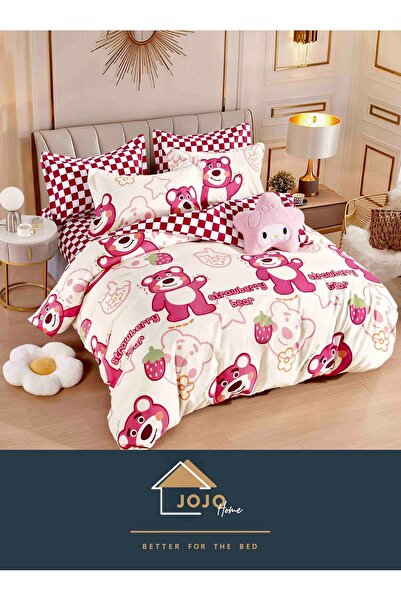 JOJO HOME Bed linen, 4 pieces, 1 person, 155x230cm, fine cotton, Pink Bear