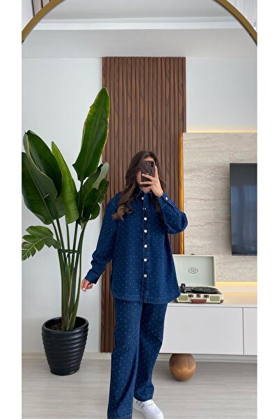 Butik Taş Detaylı Tunik Boy Pantolonlu İkili Takım