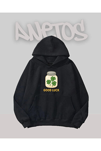Anetos Good Luck Design Hanorac negru cu imprimeu pe față