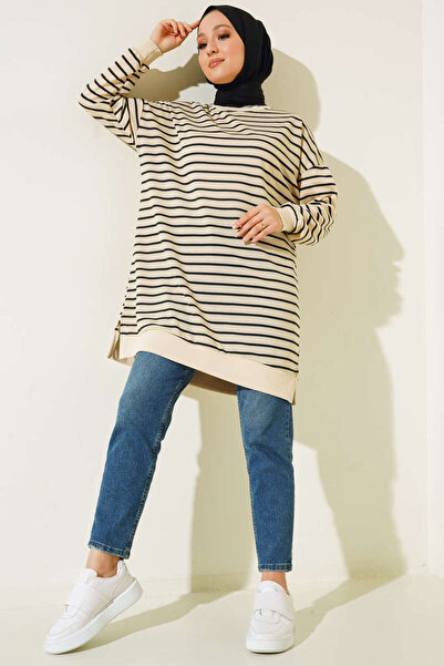 Smy moda Women's Crew Neck Horizontal Striped Tunic