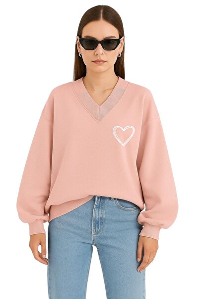 BENROMA SWEATSHIRT UNISEX CU DECOLTEU IN V CU IMPRIMARE IN FORMA DE INIMĂ