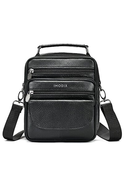 OEM Men's Leather Shoulder Bag, IMODIX, 7 Compartments, Adjustable Strap, 21.5x18x9 cm, Black