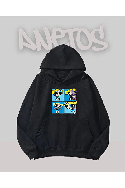 Anetos Power Girl Blue Design Negru Față cu imprimeu Swea tricou