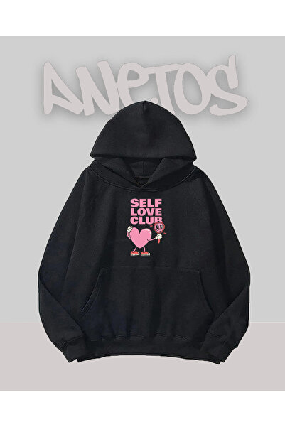 Anetos Self Love Club Design Negru Față cu imprimeu Swea tricou