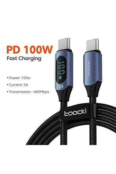 Toocki 1 متر 100 واط C- C كابل من النوع C إلى النوع C 100 واط PD شاحن سريع الشحن USB C إلى USB C شاشة