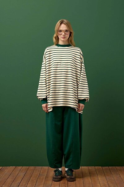 Ceylan Otantik Σετ παντελόνι με ρίγες σμαραγδί πράσινο και φαρδύ παντελόνι