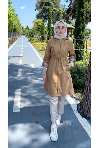 moda elçin Zippered Jacket with Foldable Sleeves and Stripes Inside