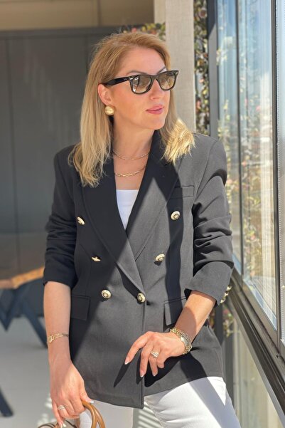 MİSLİNA BUTİK Gold Düğme Siyah Blazer