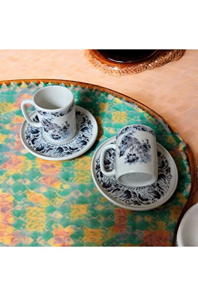 Turkuaz Porselen Blue Blanc Kaplan Porselen 4 Parça 2 Kişilik Kahve Fincan Ta...