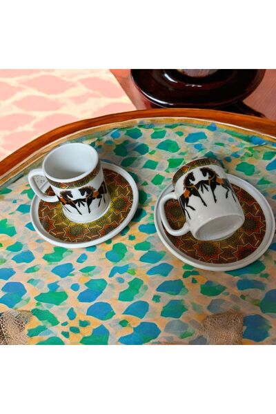 Turkuaz Porselen Ruska At Desenli Porselen 2 Kişilik 4 Parça Kahve Fincan Takımı