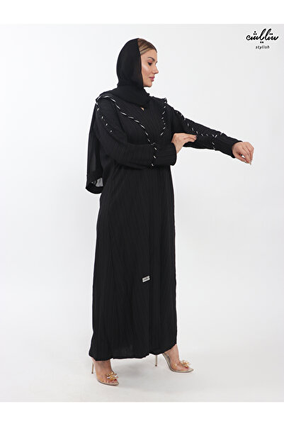 Stylish عباية لف خليجي باللون الأسود