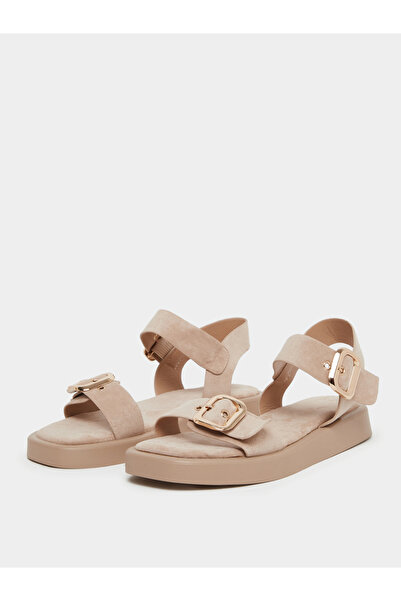 Styli Beige Buckle Flat Sandals